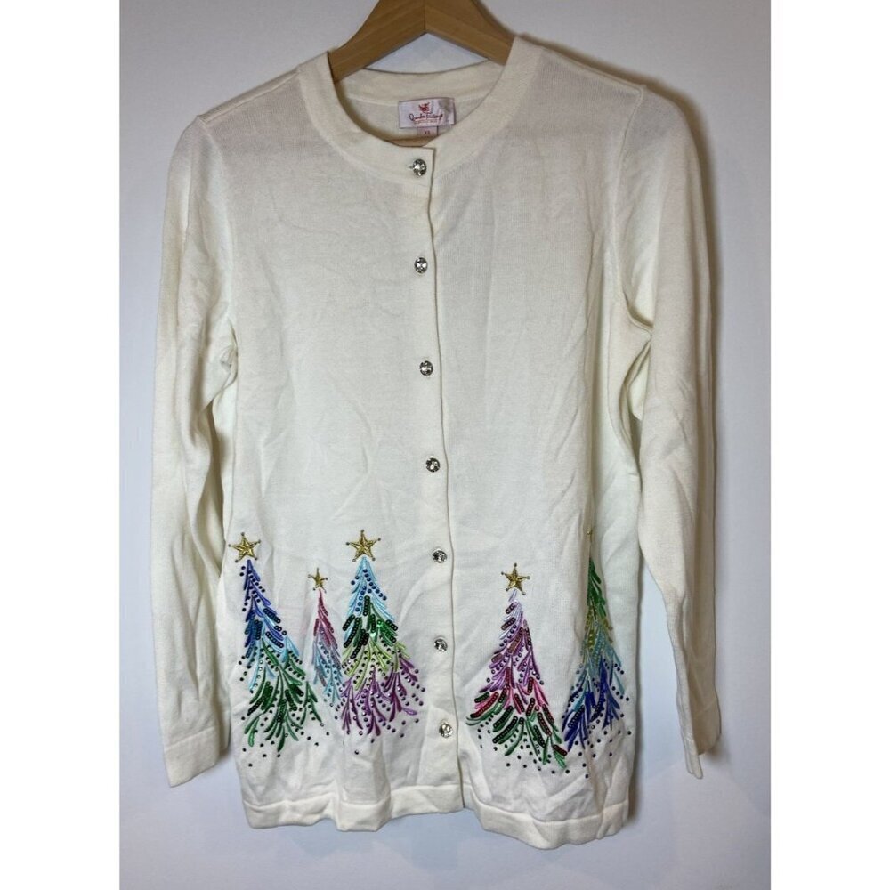 NWT Quacker Factory Cardigan Sweater Holiday Christmas Tree Sequin XS New